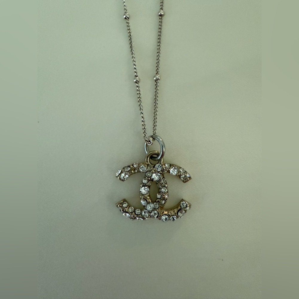 Silver Crystal Vintage Double C Charm Necklace